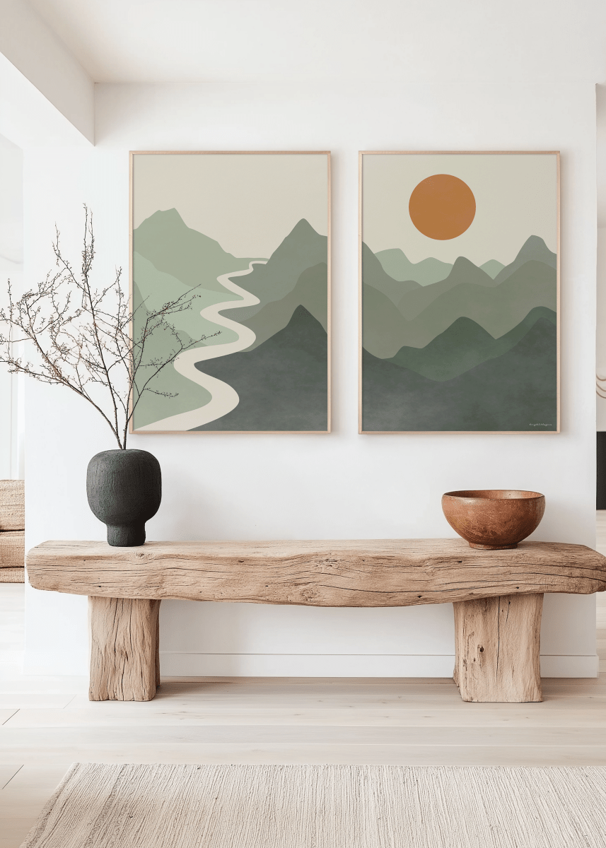 Japandi Tweeluik Poster – Rivier, Bergen & Zon