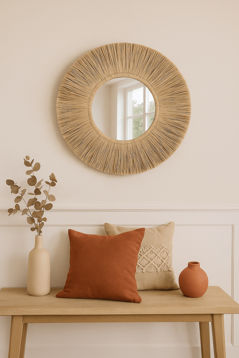 Ronde Boho Spiegel Wanddecoratie – Handgeweven Zeegras & Rotan