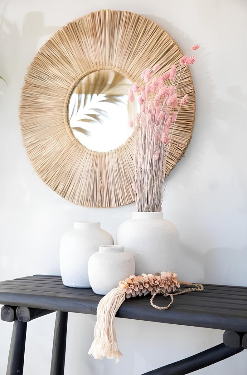 Ronde Boho Spiegel Wanddecoratie – Handgeweven Zeegras & Rotan