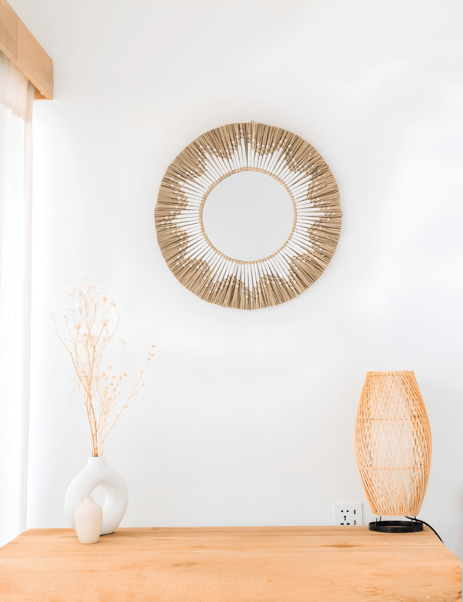 Ronde Boho Wandspiegel van Zeegras met Zonpatroon