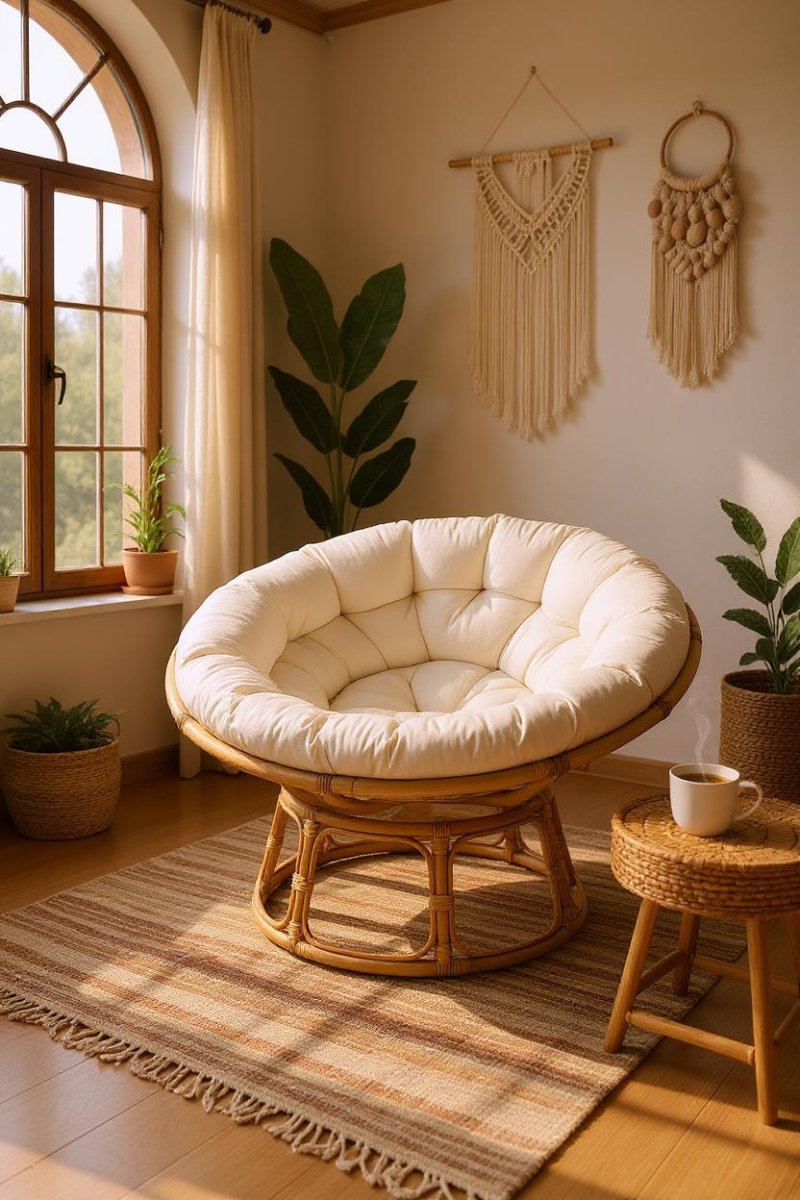 Rotanlook Loungestoel Naturel met Wit Kussen - Boho Stijl - Studio Botanika