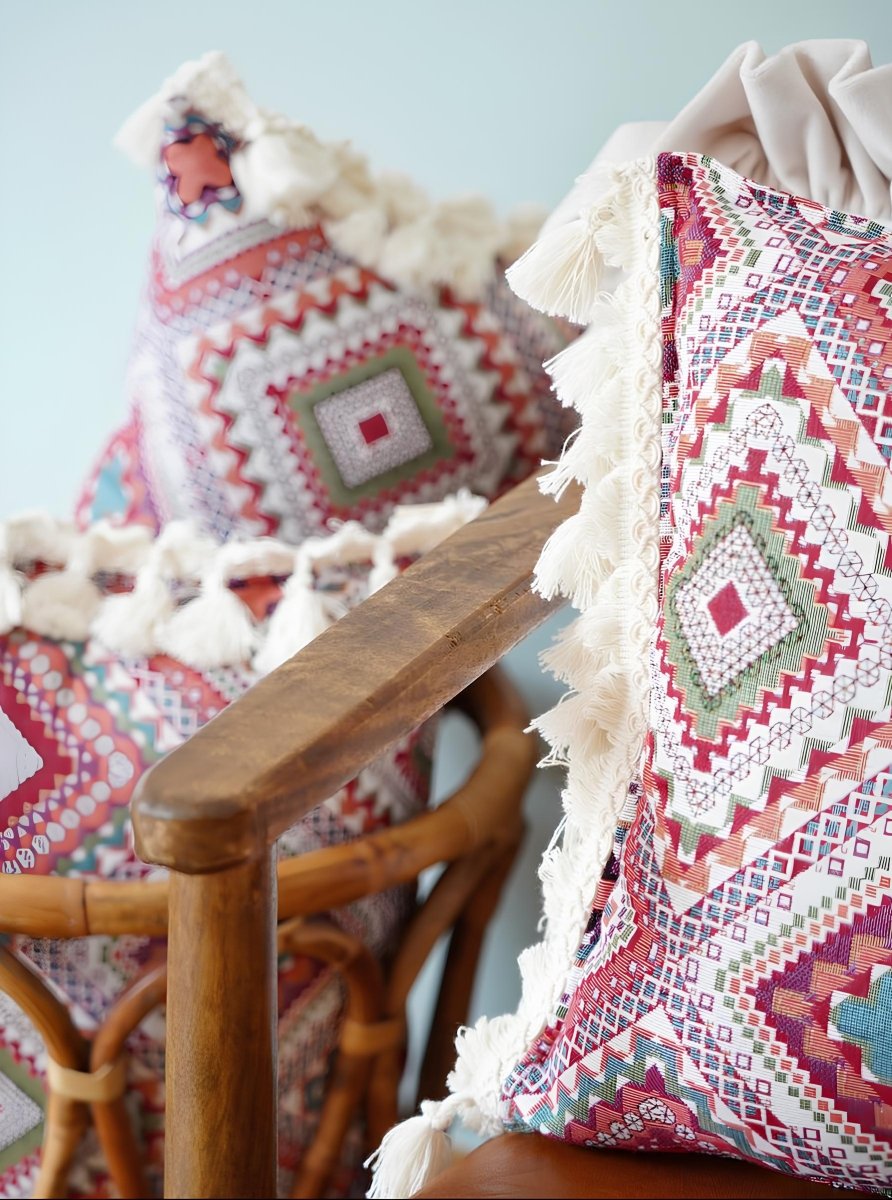 Roze Boho Sierkussen Rechthoekig met Franjes