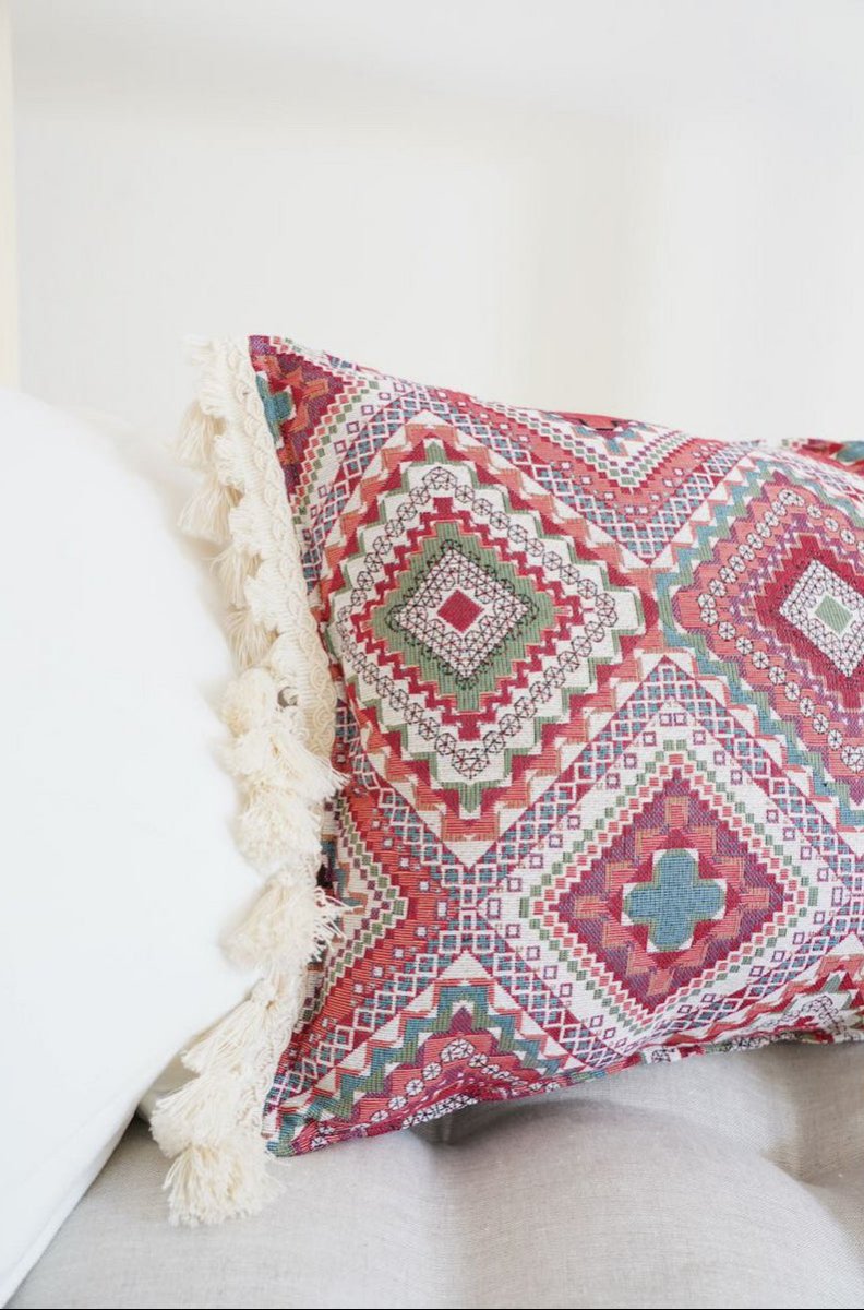 Roze Boho Sierkussen Rechthoekig met Franjes