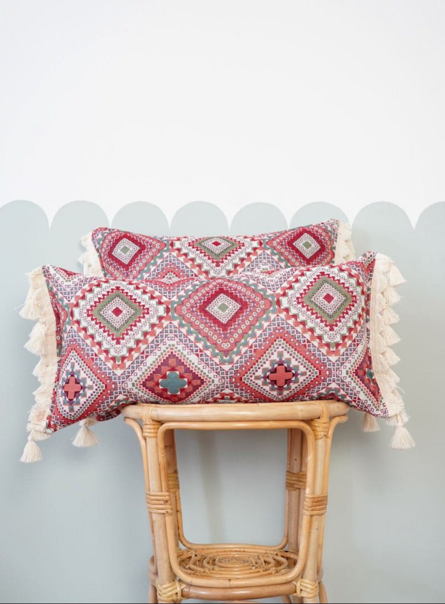Roze Boho Sierkussen Rechthoekig met Franjes