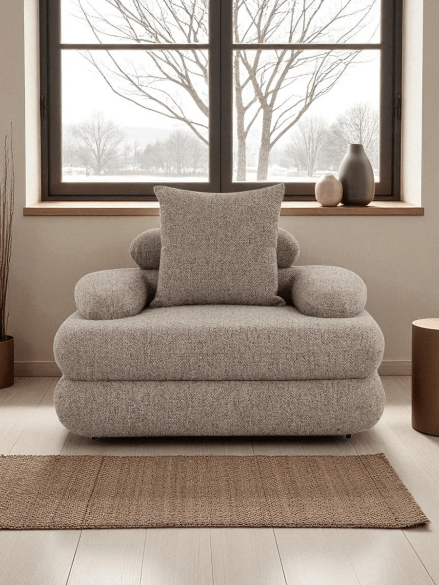 Japandi Loungestoel Taupe Bruin - Bouclé Stof